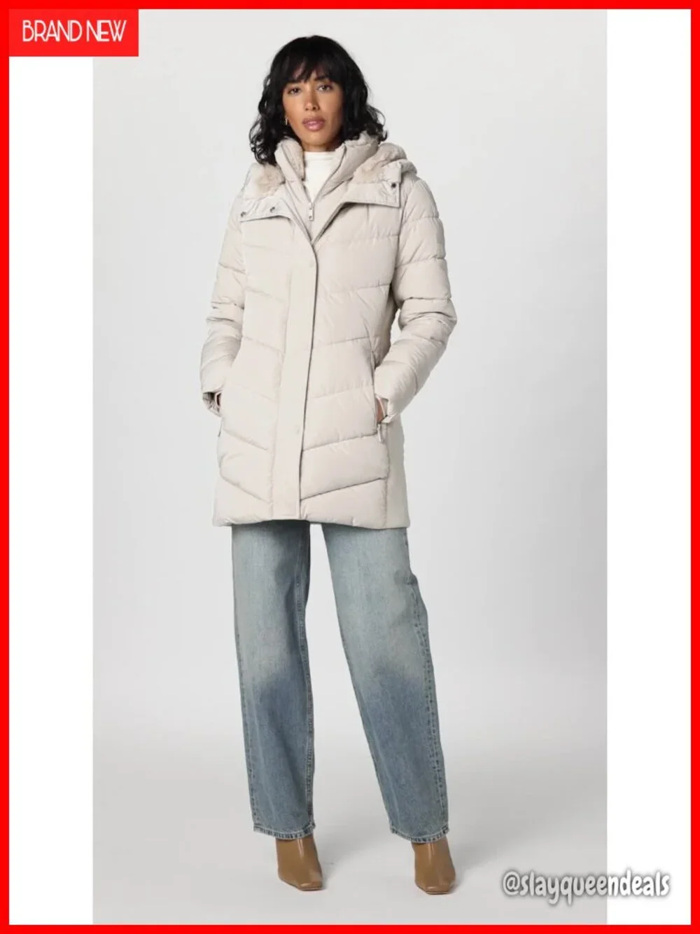 Long Quilted Jacket With Faux Sherpa Lined Hood and Inset Bib